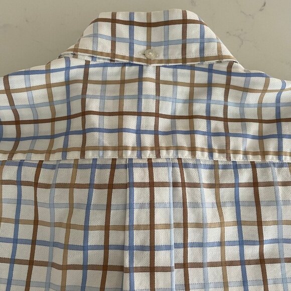CANALI SS Designer Luxury 100% Cotton Check Shirt Made in Italy Wht Blue Tan M - Picture 7 of 13